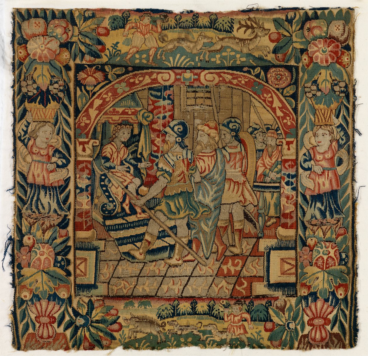 Tapettityynynpäällinen, joka kuvaa The Elders ennen Danielia, valmistettu Sheldonissa, Englannissa, vuoden 1600 jälkeen (villa) tekijältä English School