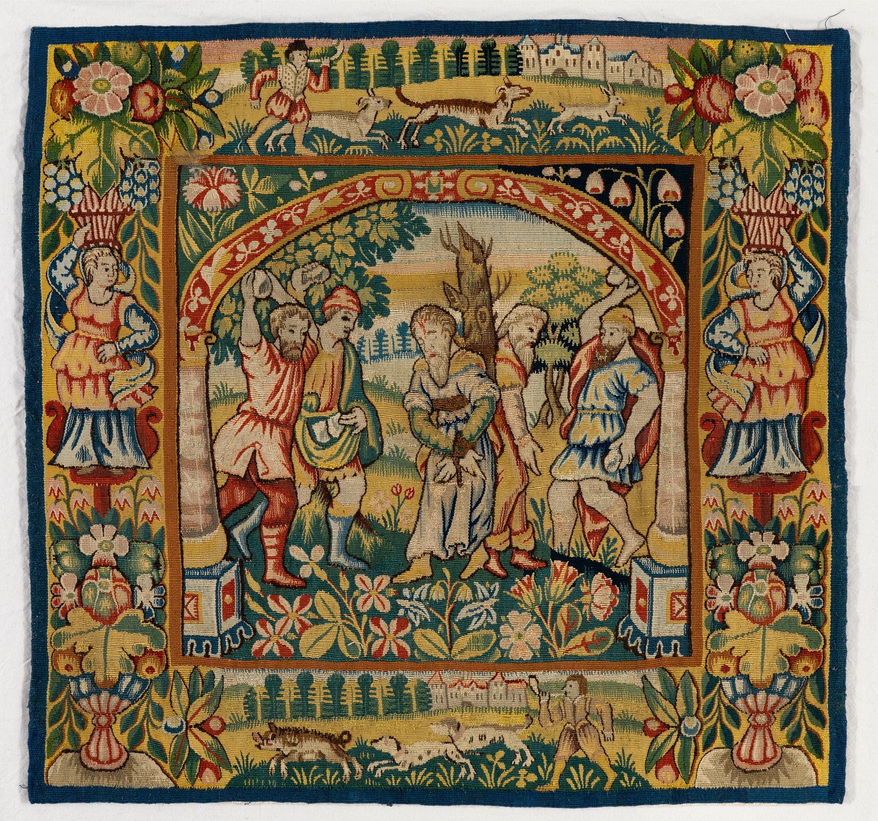 Tapestry tyynynpäällinen, joka kuvaa vanhinten kivitystä (yksi kuudesta Sheldon Tapestries -sarjasta, 47,9-47,14), valmistettu Sheldonissa Englannissa, jos se on aito tekijältä English School