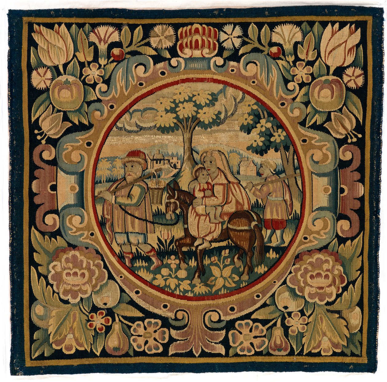 Tapahtunut tyynynpäällinen, joka kuvaa lentoa Egyptiin, valmistettu mahdollisesti Sheldonissa, Englannissa, 1600-luvun alussa (villa) tekijältä English School