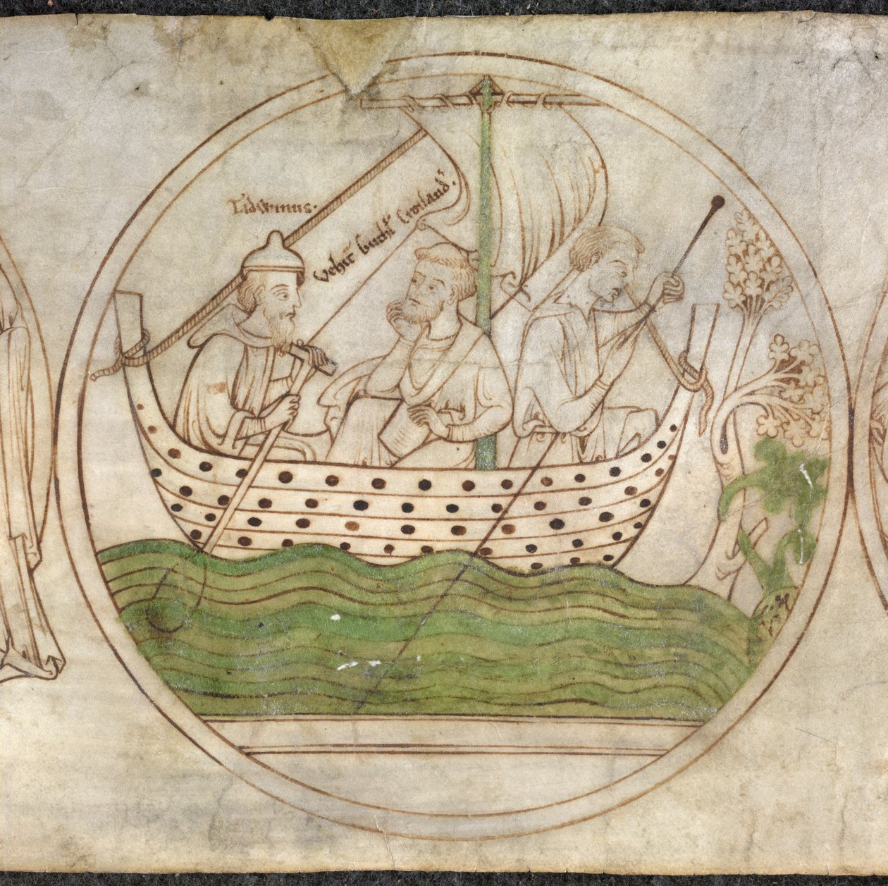 Tatwin kuljettaa Guthlacin veneellä Crowlandiin, Guthlac Rollista n. 1210 (vellum) tekijältä English School