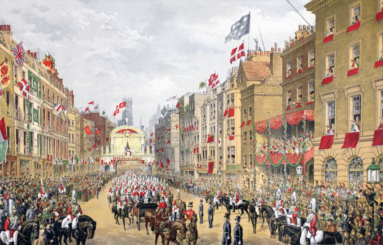 Temple Bar, 7. maaliskuuta 1863, Edvard VII:n ja tanskalaisen Alexandran avioliiton muistomerkistä, pub. 1864 tekijältä English School