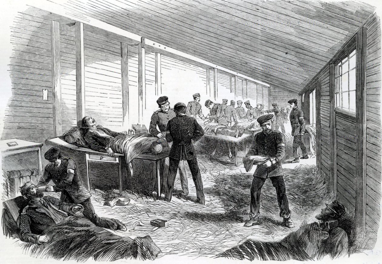 Väliaikainen kenttäsairaala toisen Preussin rinnakkaisen takana Dueppelissä, 1864 tekijältä English School
