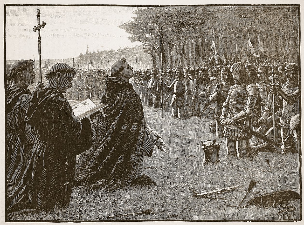 Englannin armeijan kiitospäivä Agincourtin taistelun jälkeen, 25. lokakuuta 1415, kuva Cassells Illustrated History of Englandista (seepiakuva) tekijältä English School