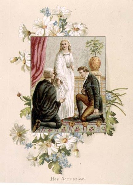 Kuningatar Victorian liittyminen, 20. kesäkuuta 1837, kuva rouva Craikin teoksesta "Fifty Golden Years", pubi. Kirjailija: Raphael Tuck tekijältä English School