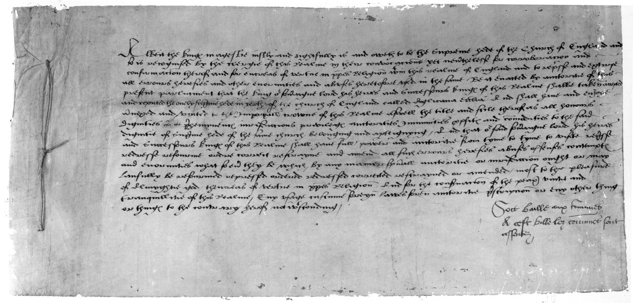 Laki ylivallan tunnustamisesta Henry VIII:n Englannin kirkon pääksi, 1534 (muste paperilla) tekijältä English School