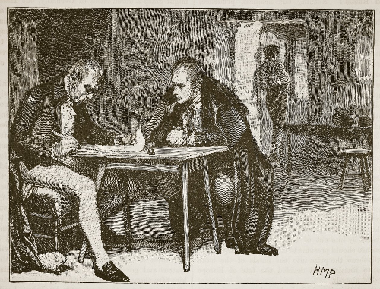 Britannian ja Ruotsin agentit allekirjoittamassa Napoleonia vastaan tehdyn sopimuksen, kuvitus Cassells Illustrated History of Englandista (seepiakuva) tekijältä English School