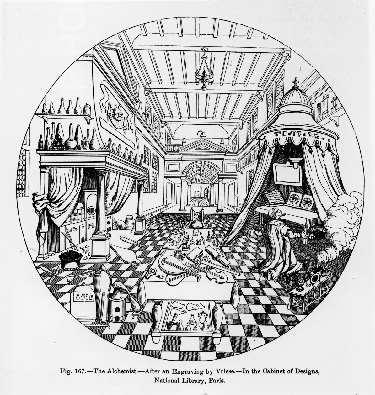 Alkemisti, Vriesen kaiverruksen jälkeen, kuvitus tieteestä ja kirjallisuudesta keskiajalla ja renessanssilla, kirjoittanut ja kaivertanut Paul Lacroix, 1878 tekijältä English School