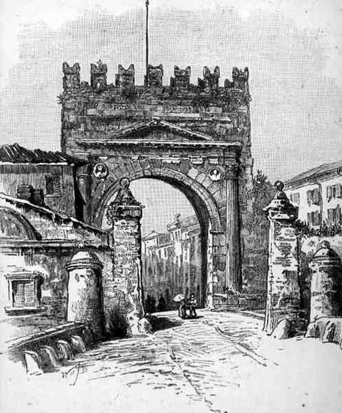 Augustuksen kaari, Rimini, Italia, julkaisusta The Picturesque Mediterranean, osa 3, julkaisija Cassell and Co. Ltd. tekijältä English School