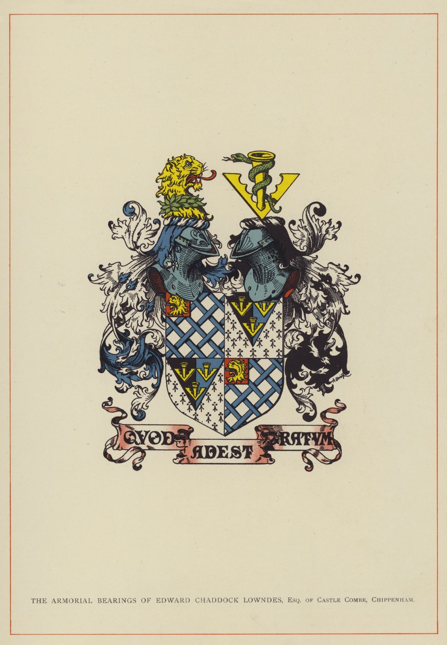 Edward Chaddock Lowndes, Esquire of Castle Combe, Chippenham (värilitografia), vaakunalaakerit. tekijältä English School