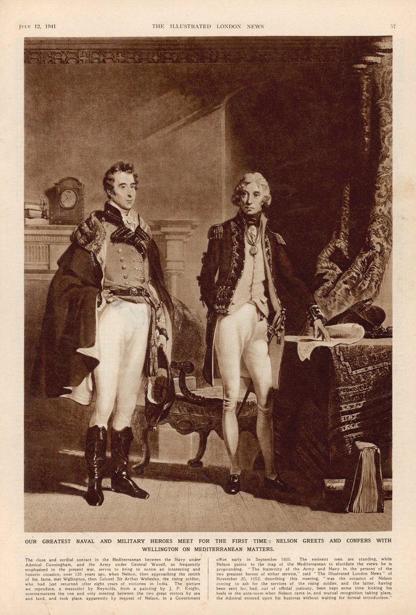 Armeija ja laivasto: haastattelu Arthur Wellesleyn (1769-1852) Wellingtonin herttuan ja Lord Horatio Nelsonin (1758-1805) välillä The London Illustrated Newsista, 12. heinäkuuta 1941 tekijältä English School