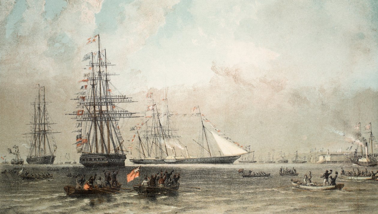 Kuninkaallisen huvijahdin saapuminen Gravesendin edustalle, 7. maaliskuuta 1863, Edward VII:n ja tanskalaisen Alexandran avioliiton muistomerkistä, pub. 1864 tekijältä English School