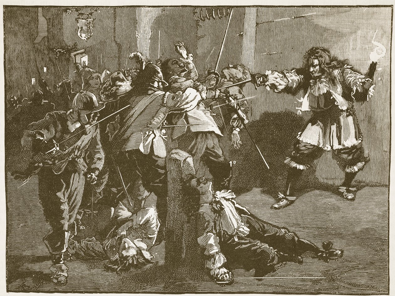 John Coventryn hyökkäys, kuvitus Cassells Illustrated History of Englandista (seepiakuva) tekijältä English School
