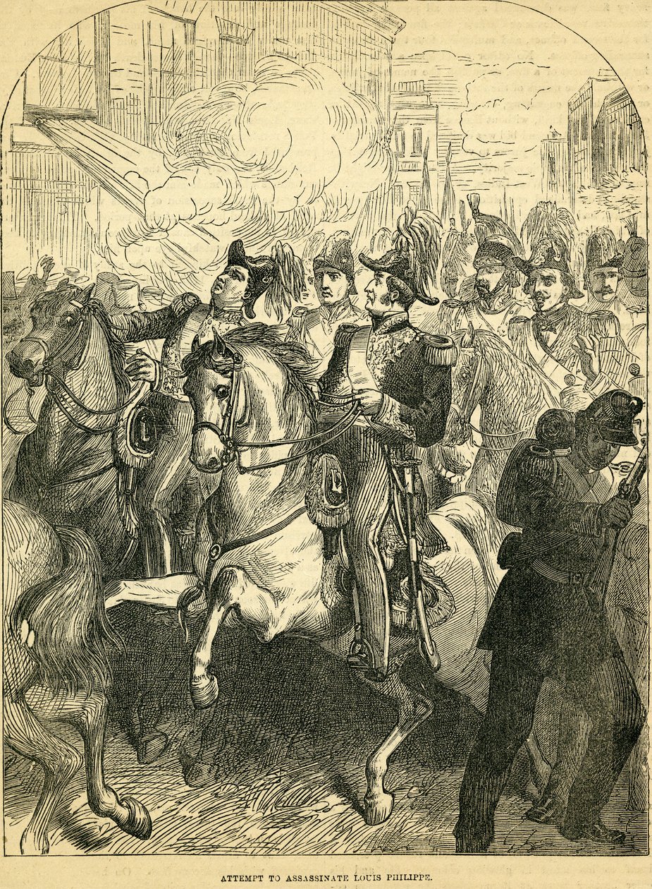 Ranskan kuninkaan Ludvig Philippen salamurhayritys, kuva otettu Cassells Illustrated History of Englandista, 18571858 tekijältä English School