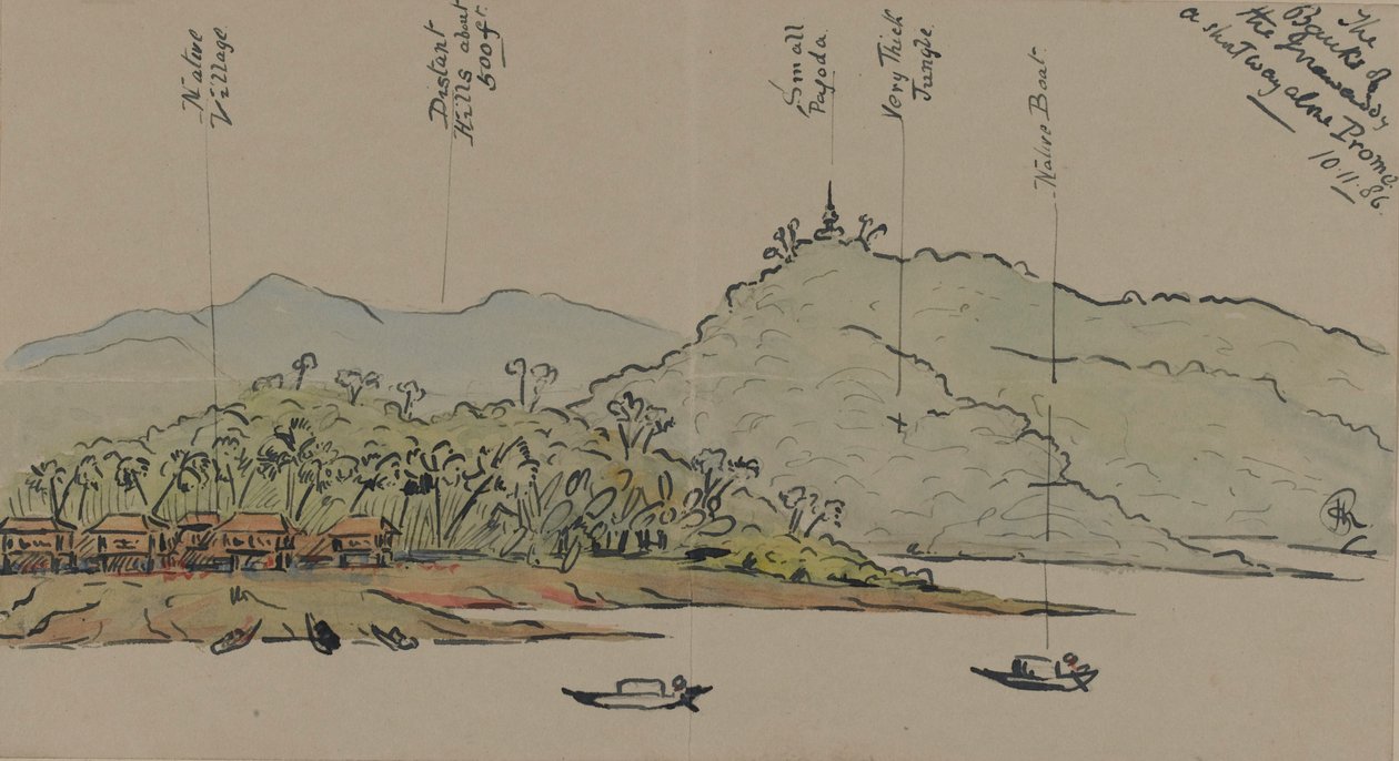 The Banks of the Irrawaddy, Burma, 1886 (wc kynällä ja musteella paperilla) tekijältä English School