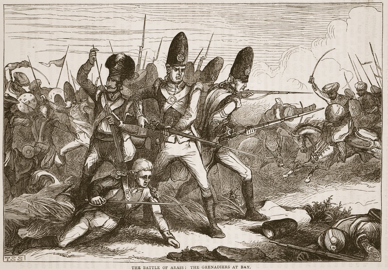 Arrasin taistelu: Grenadiers loitolla, kuvitus James Grantin Cassellin kuvitetusta Intian historiasta, pubi. 1879 tekijältä English School