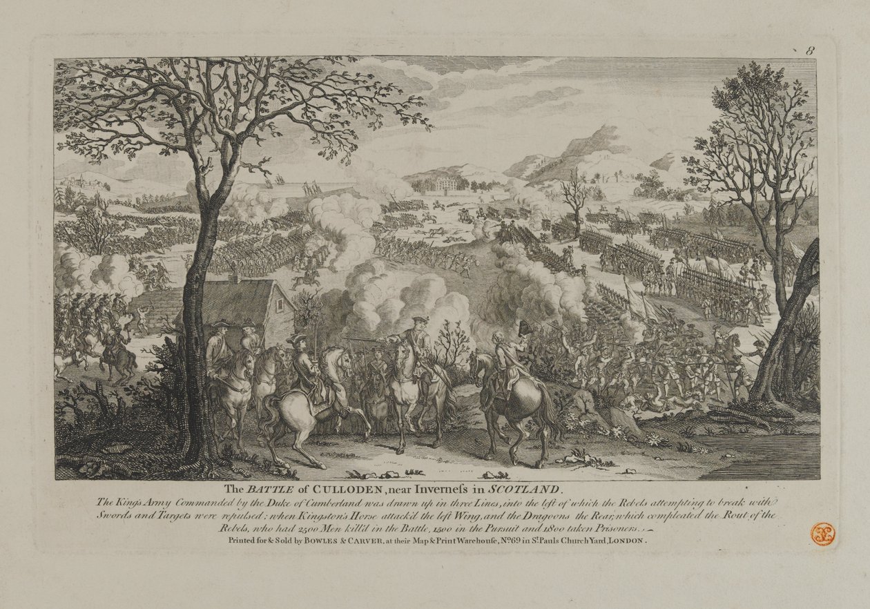 Cullodenin taistelu lähellä Invernessiä Skotlannissa, julkaisija Bowles and Carver, 1746 tekijältä English School