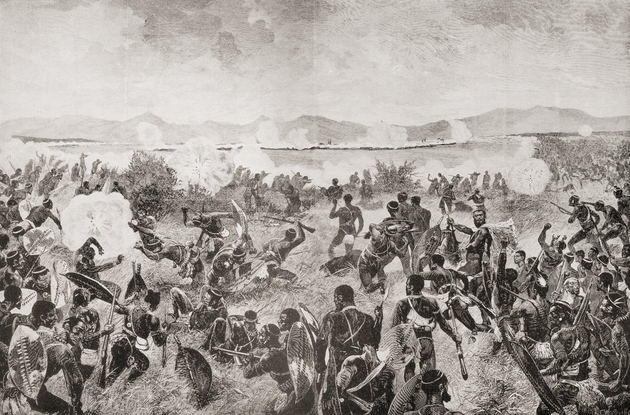Ulundin taistelu vuonna 1879, jossa näkyy zulujen viimeinen ryntäys ja kaukainen brittiläinen aukio Etelä-Afrikasta ja Transvaalin sodasta: Voi. 1