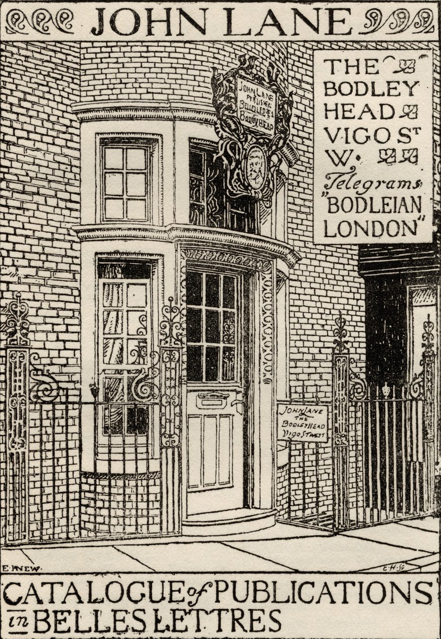 The Bodley Head Publishing House, etukannen kuvitus Belles Lettresin julkaisuluettelosta tekijältä English School