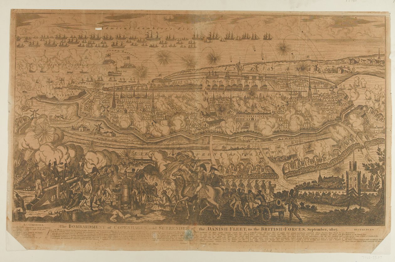 Kööpenhaminan pommitukset ja Tanskan laivaston antautuminen, syyskuu 1807, julkaissut John Fairburn vuonna 1807 tekijältä English School