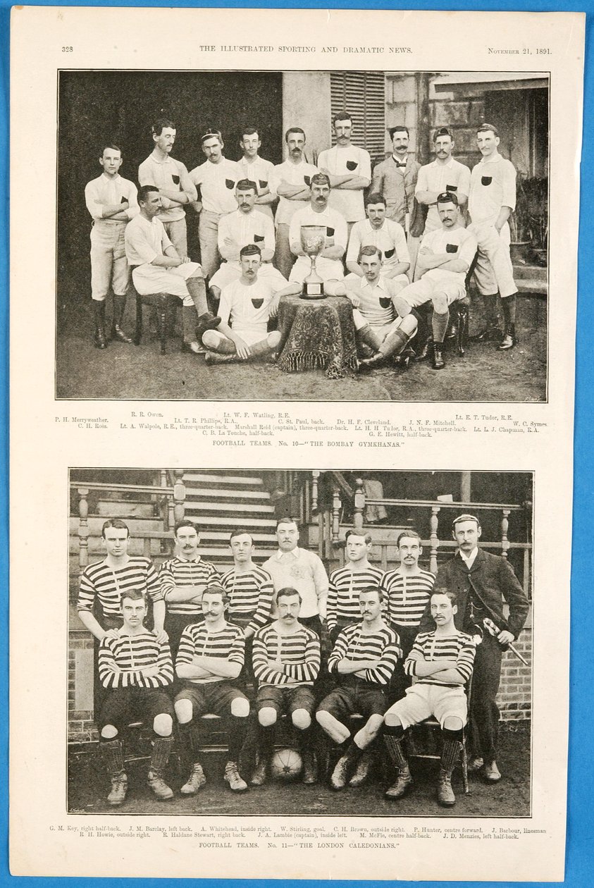 Bombay Gymkhanas ja The London Caledonians, jalkapallojoukkueet, jotka esiteltiin The Illustrated Sporting and Dramatic Newsissa 21. marraskuuta 1891 tekijältä English School