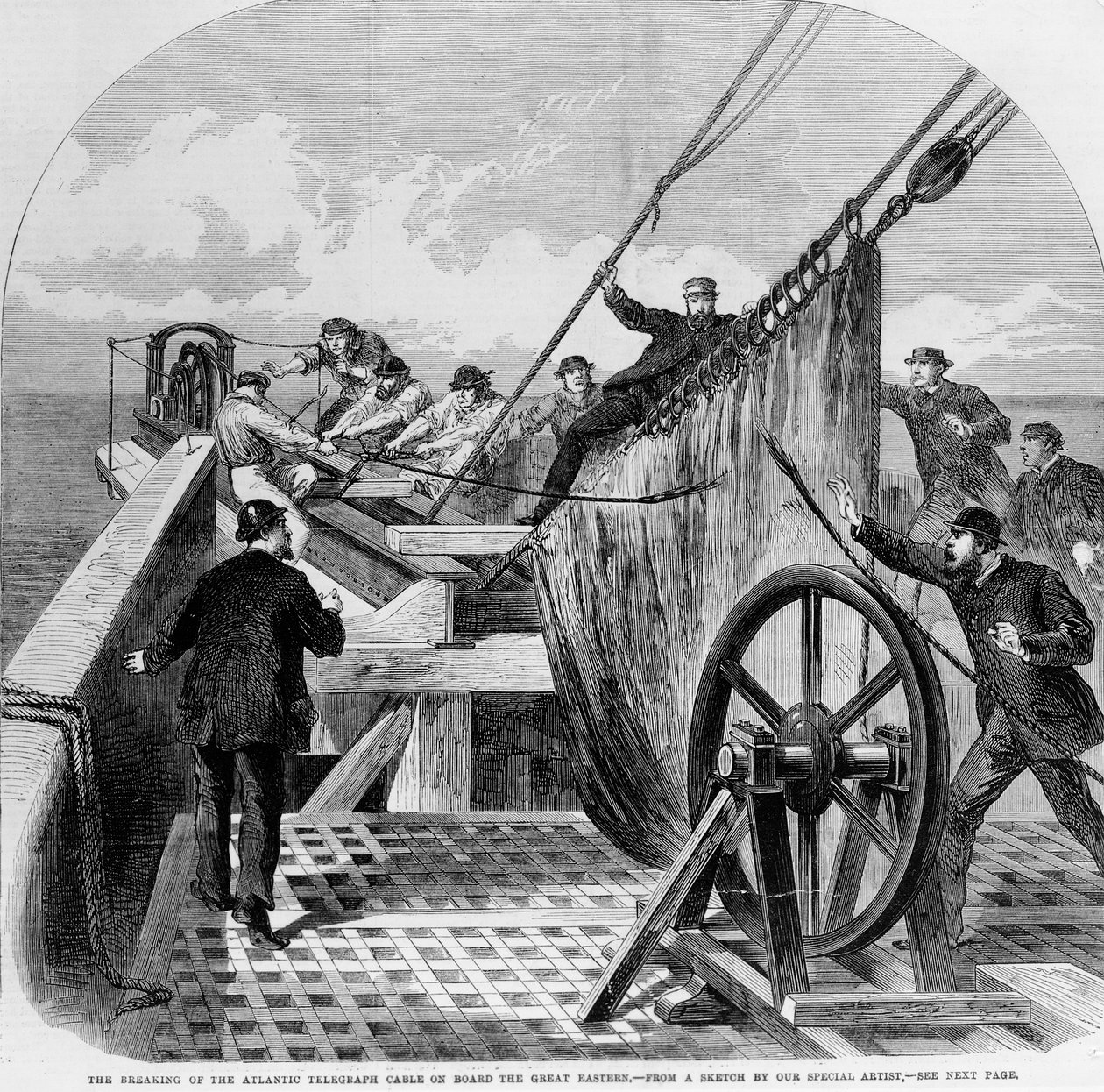 Atlantin lennätinkaapelin katkeaminen Great Eastern -laivalla, 1865 (kaiverrus) tekijältä English School
