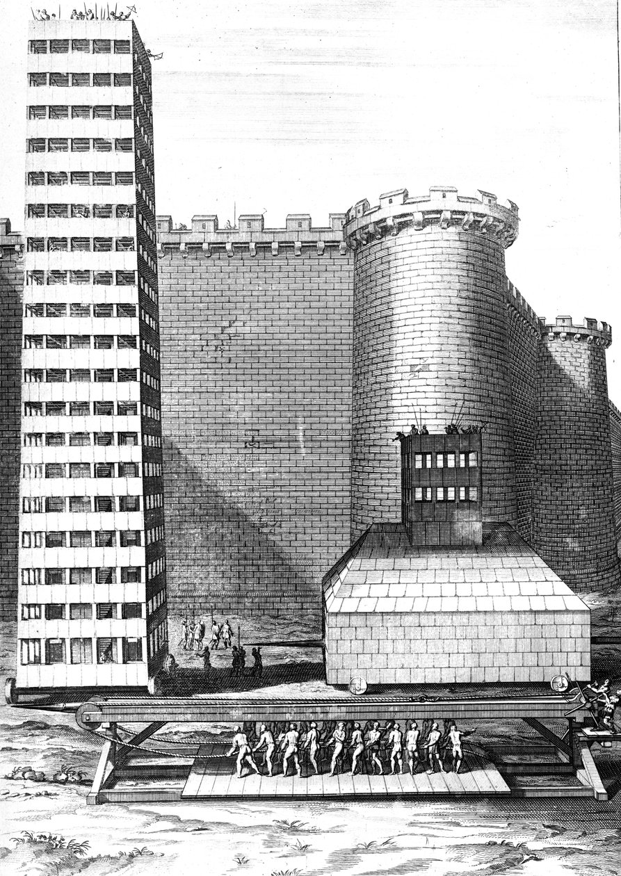 The Brick Tower and Musculus at the Siege of Marseilles, kaiverrus Cornelis Huyberts, kuvitus Caesars Commentariesista, William Duncanin englanniksi kääntämä, julkaistu 1753 tekijältä English School