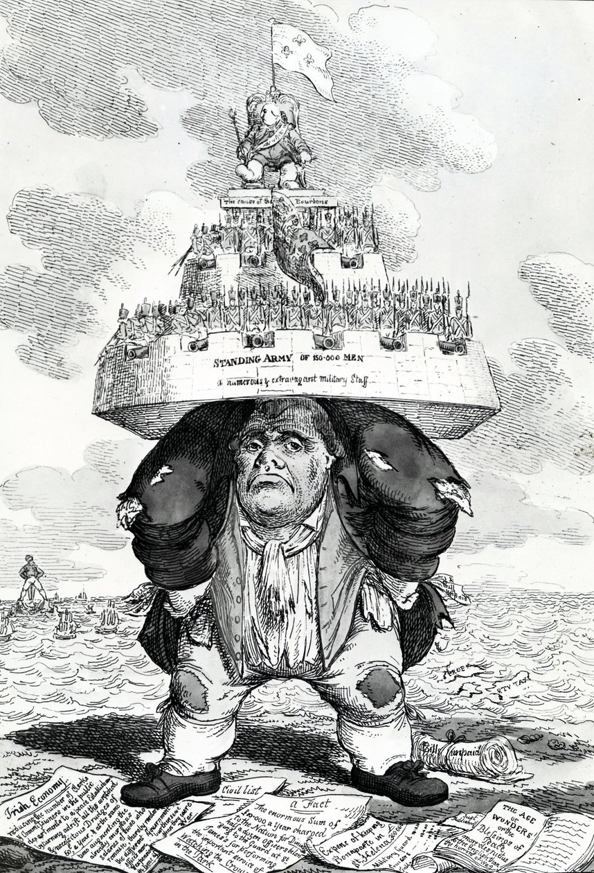 Brittiläinen atlas tai rauhanturvaamista tukeva John Bull, Charles Williamsin vedos, 1816 tekijältä English School