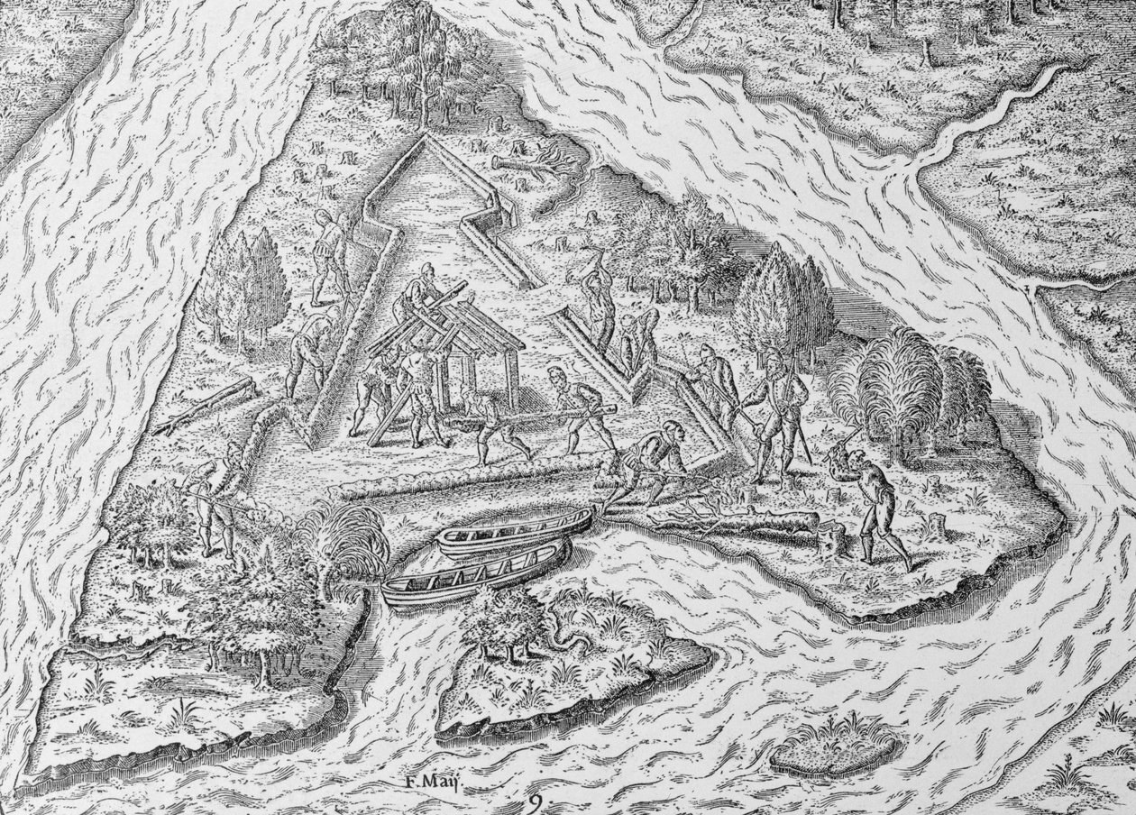 "The Building of Fort Caroline", julkaisusta "The Narrative and Critical History of America", toimittanut Justin Winsor, Lontoo, 1886 tekijältä English School