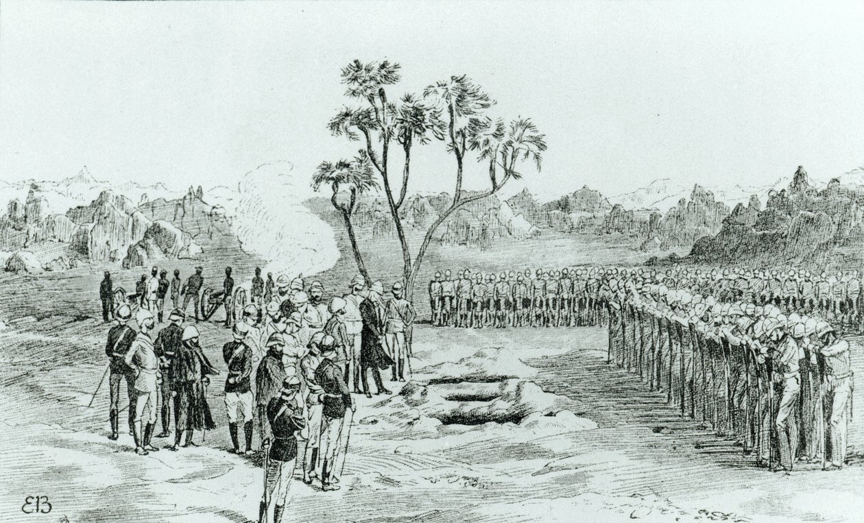 Kenraali Earlen ja eversti Eyre ja Coveneyn hautaus Kirbekanissa, kenraali William Francis Butlerin The Campaign of the Cataracts, julkaistu 1887 tekijältä English School