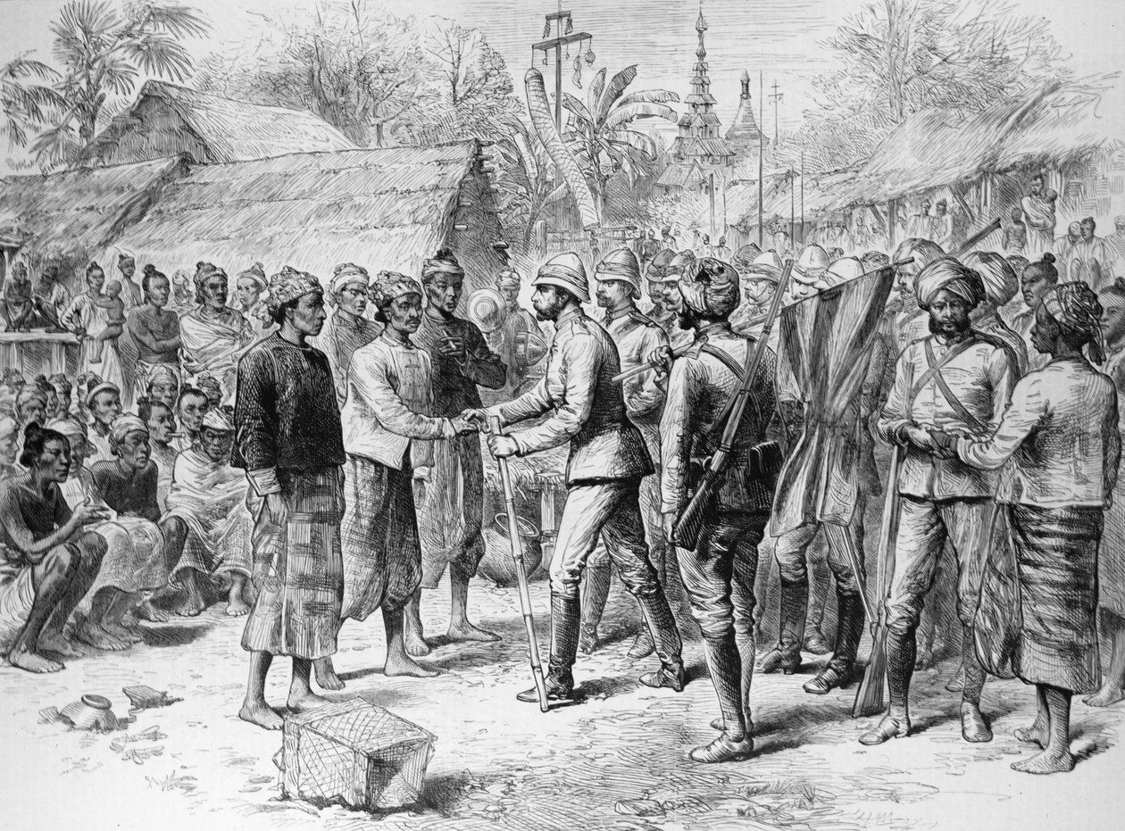 Burman retkikunta: Kenraali Prendergastin haastattelu Burman armeijan upseerien ja jäänteen kanssa, "The Illustrated London News", 3. kesäkuuta 1886 (kaiverrus) tekijältä English School