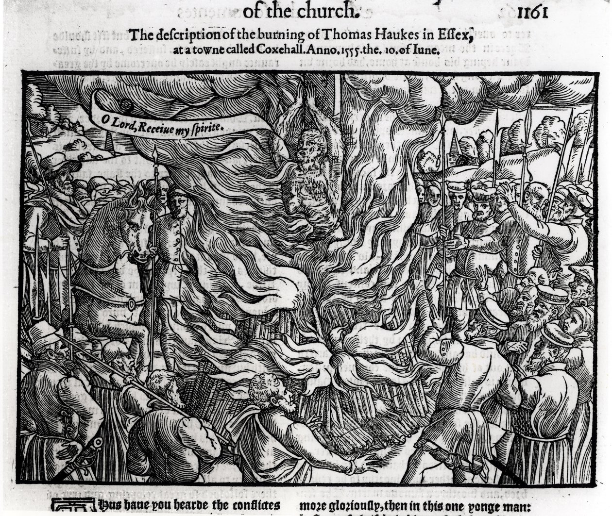 Thomas Haukesin polttaminen, 10. kesäkuuta 1555, John Foxen (1516-87) teoksesta "Teot ja monumentit" 1563 tekijältä English School