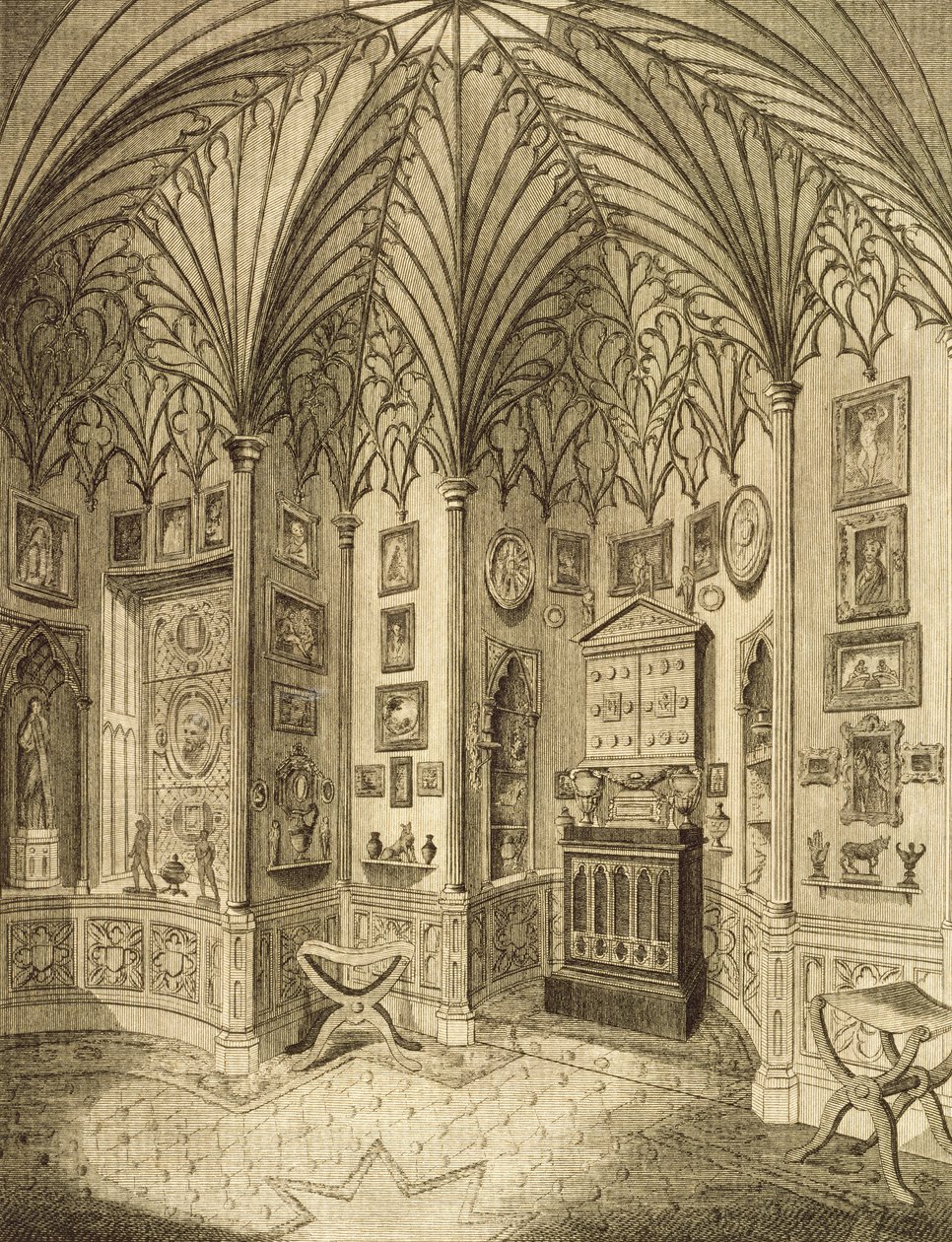 Kaappi, kaiverrettu T. Morris, Horace Waltonin kuvauksesta Strawberry Hill, 1784 tekijältä English School