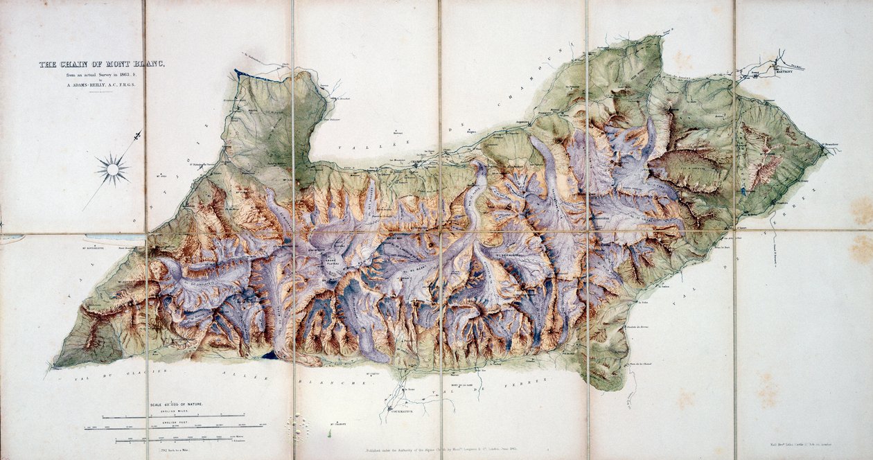 Mont Blancin ketju, A. Adams Reillyn vuonna 1863 tekemästä tutkimuksesta, joka julkaistiin julkaisussa A Record of Mountain Adventure and Scientific Observation for the Alpine Club, 1865 tekijältä English School