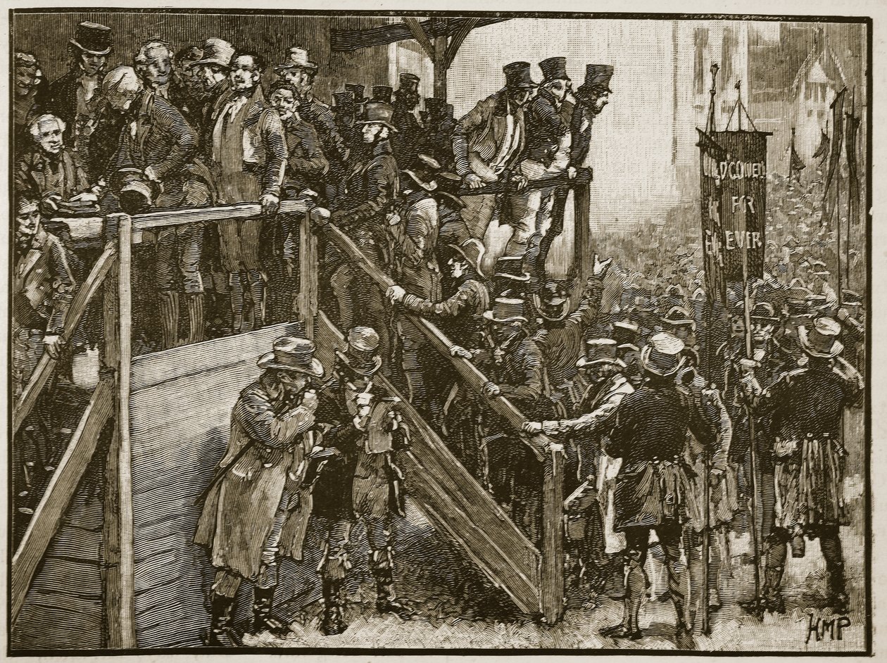 Clare Contest: Isä Murphy johdattelee vuokralaisiaan äänestykseen, kuvitus Cassells Illustrated History of Englandista (seepiakuva) tekijältä English School