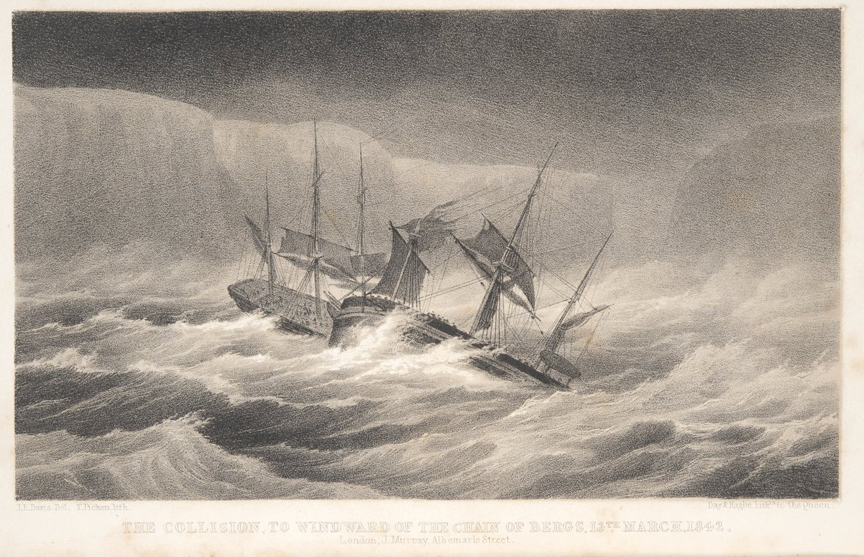 The Collision, teoksesta Voyage of Discovery and Research in th Southern and Antarctic Regions by Captain Sir James Clark Ross, pub. 1847 (kaiverrus) tekijältä English School