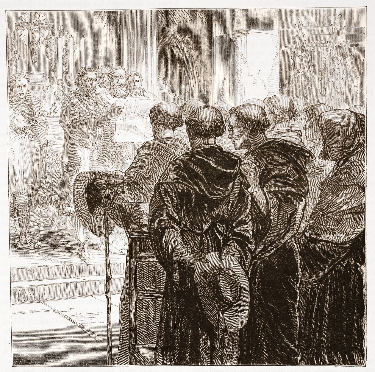 Valtuuston jäsenet hajottavat Augustinuksen munkkikunnan Zürichissä, 1524, esimerkki James Aitken Wylien (1808-1890) teoksesta The History of Protestantism, pub. 1878 tekijältä English School