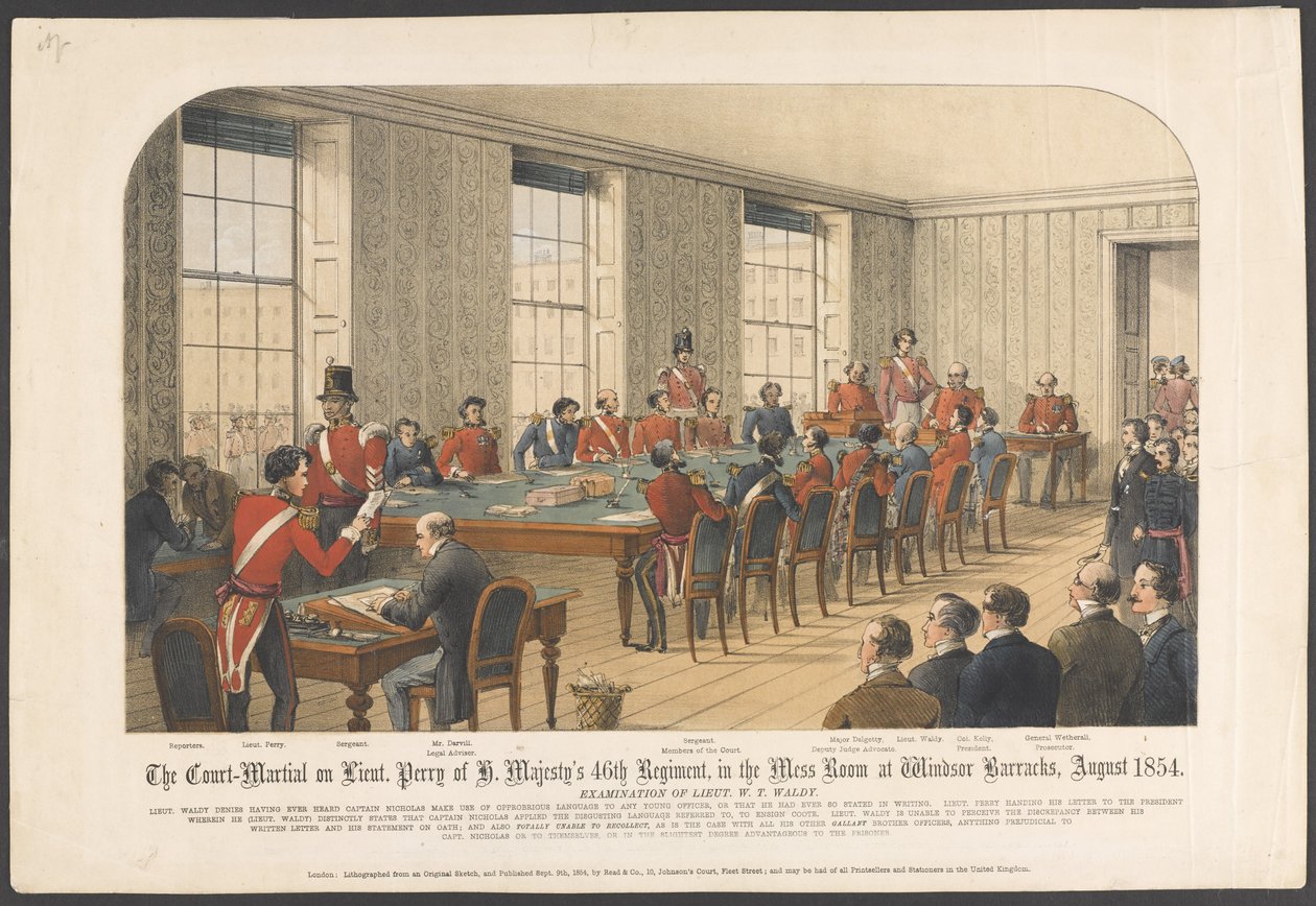Luutnen sotatuomioistuin. Perry of H. Majestyn 46. rykmentti Windsorin kasarmin messuhuoneessa, elokuu 1854 (värilitho) tekijältä English School