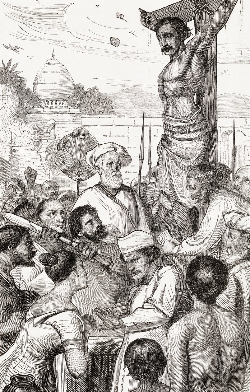Karen-marttyyrin ristiinnaulitseminen Burmasta, n. 1865 (puukaiverrus) tekijältä English School