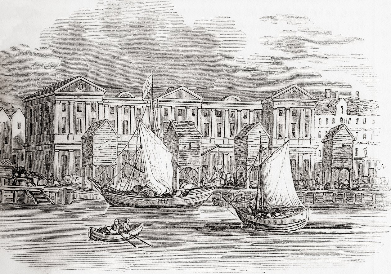 Custom House, Lontoo, Englanti, sellaisena kuin se esiintyi ennen suurta tulipaloa, vanhasta Englannista: Kuvamuseo, pubi. 1847 tekijältä English School
