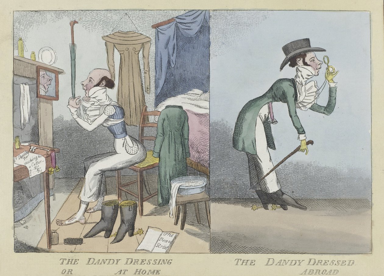 The Dandy Dressing or At Home, The Dandy Dressed Abroad, pub.c.1820 (käsinvärinen kaiverrus) tekijältä English School