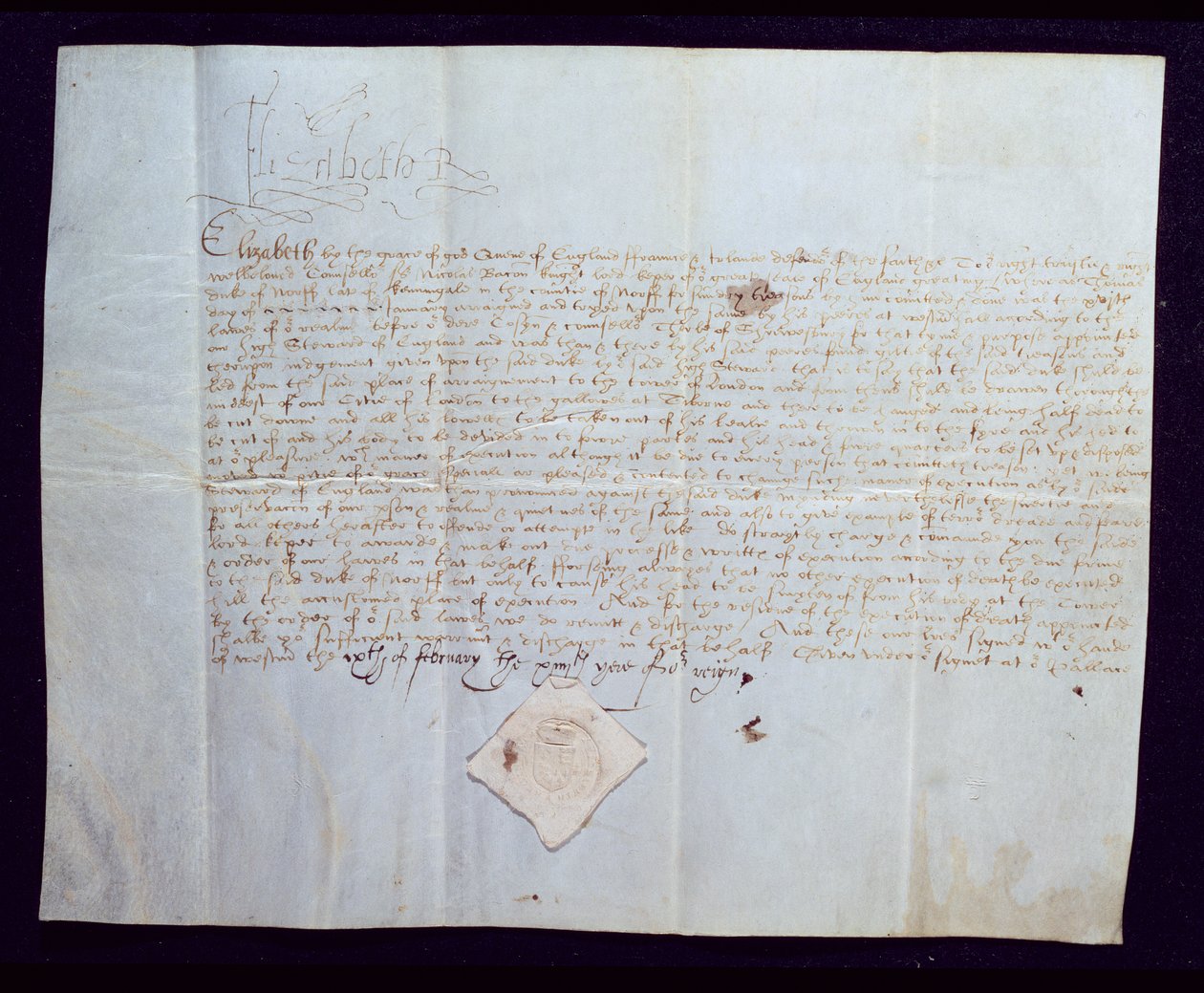 Norfolkin 4. herttua Thomas Howardin kuolemantuomio, jonka allekirjoitti kuningatar Elisabet I, 1572 (muste persulla) tekijältä English School