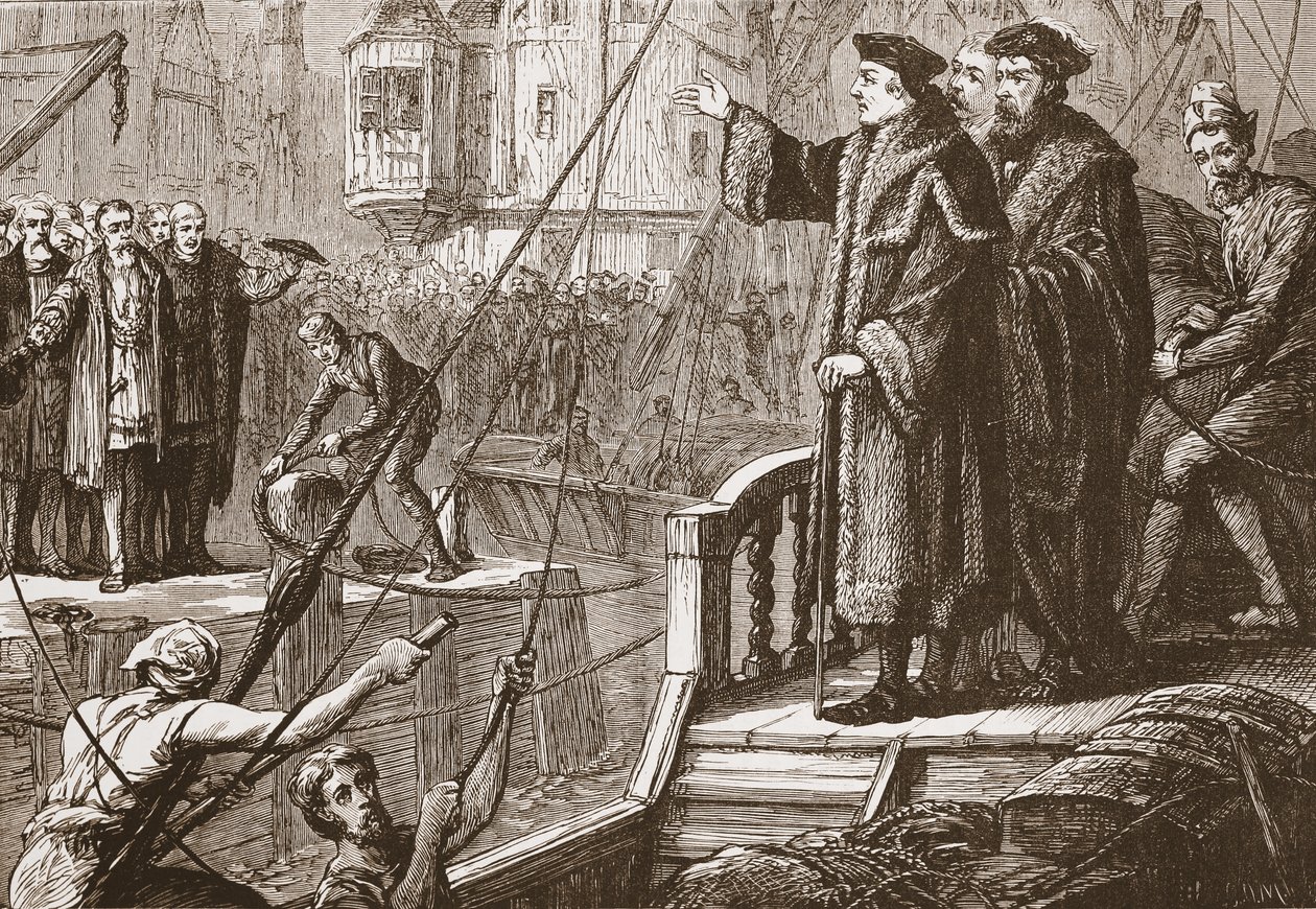 Erasmuksen lähtö Baselista, kuvitus James Aitken Wylien (1808-1890) Protestantismin historiasta, pub. 1878 tekijältä English School
