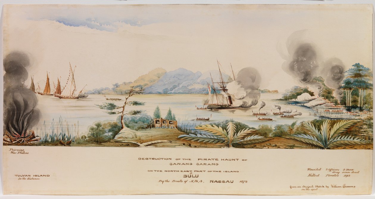 Carang Carangin merirosvojen kummittelun tuhoutuminen Sulun saaren koillisosassa H.M.S.:n veneiden toimesta Nassaussa vuonna 1872 tekijältä English School