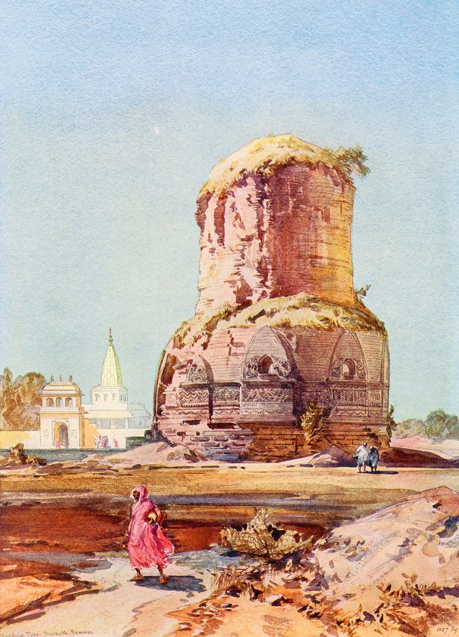 Dhamek Stupa, Sarnath, Uttar Pradesh, julkaisusta The Wonders of the World, julkaisu n. 1920 (painokuva). tekijältä English School