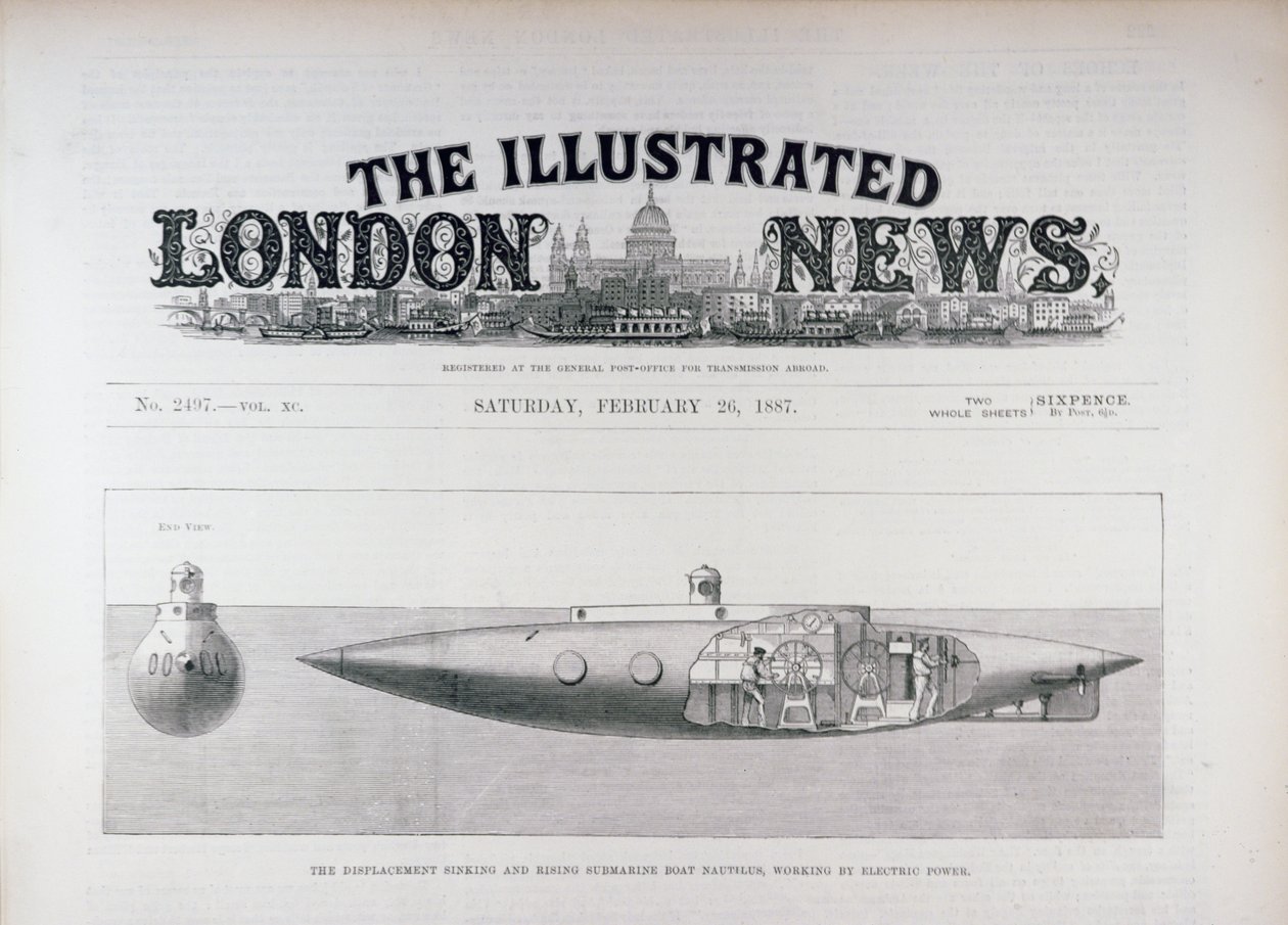 Uppoava ja nouseva sukellusvene Nautilus, joka toimii sähköllä, The Illustrated London News, 26. helmikuuta 1887 tekijältä English School