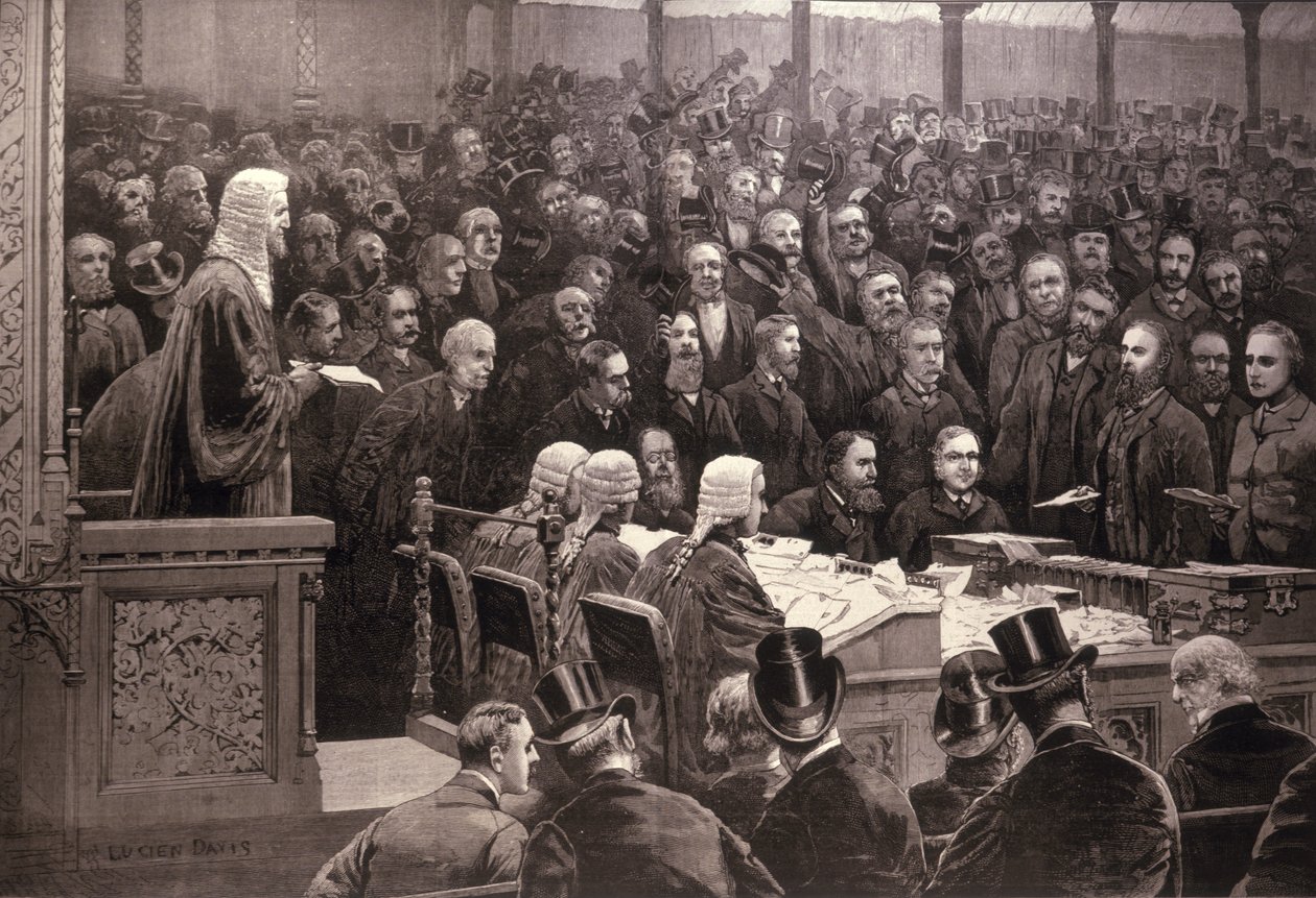 Alahuoneen jako Irlannin kotiseutukysymyksessä: "Jaa-ääniä 311, ei-ääniä 341", The Illustrated London News -lehdestä, 6. joulukuuta 1886. tekijältä English School