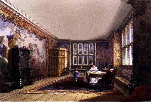 The Drawing Room, Cotehele talo, n.1830-40 (värilitho) tekijältä English School