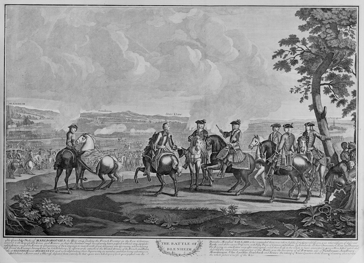 Marlboroughin herttua (1650-1722) ja hänen esikuntansa Blenheimin taistelussa 13. elokuuta 1704, noin 1704 (viivakaiverrus) tekijältä English School