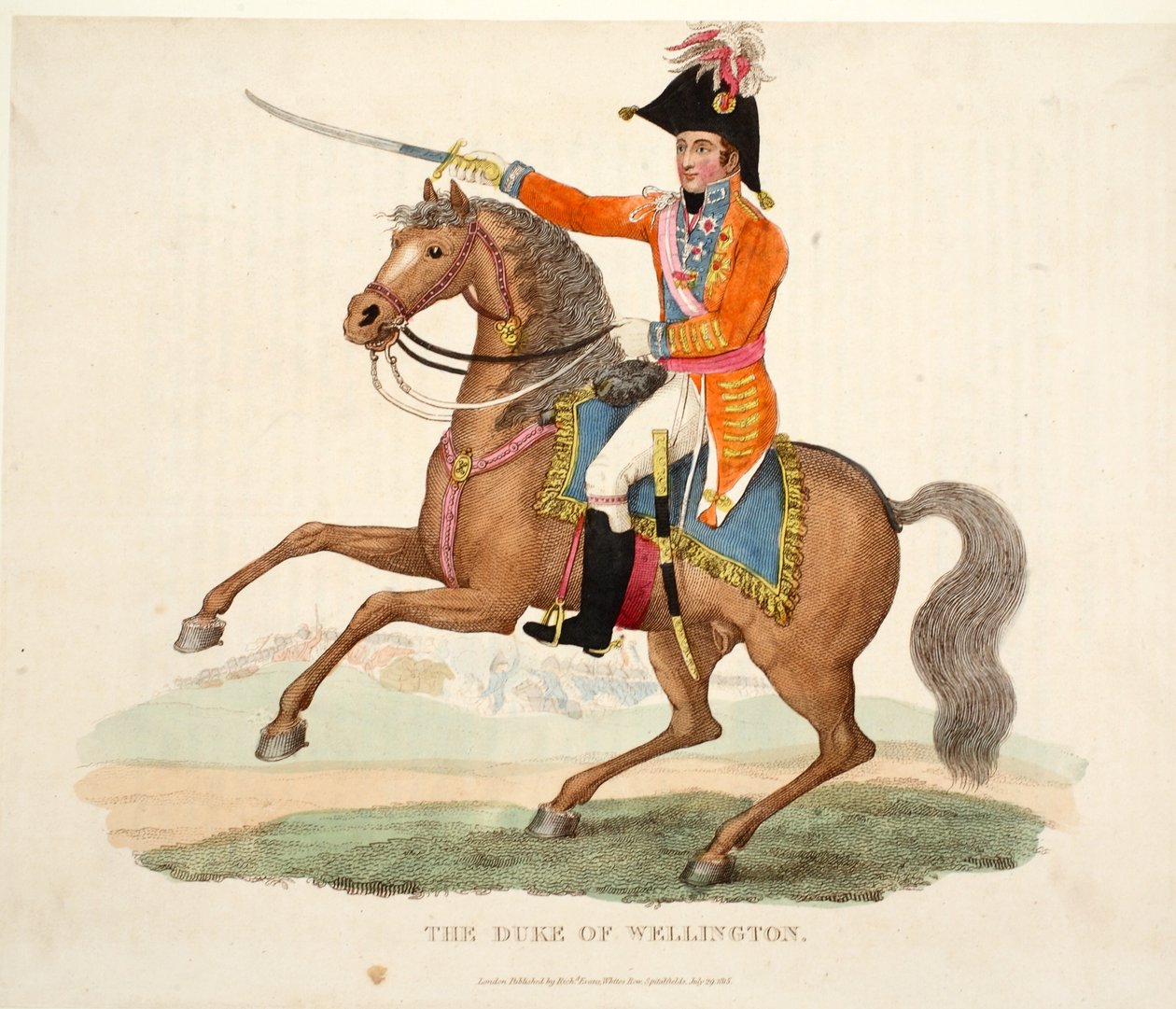 The Duke of Wellington, pubi. kirjoittanut Richard Evans, engr Romney, kuvitus William Mudfordin historiallisesta kertomuksesta Waterloon taistelusta, 1816 tekijältä English School