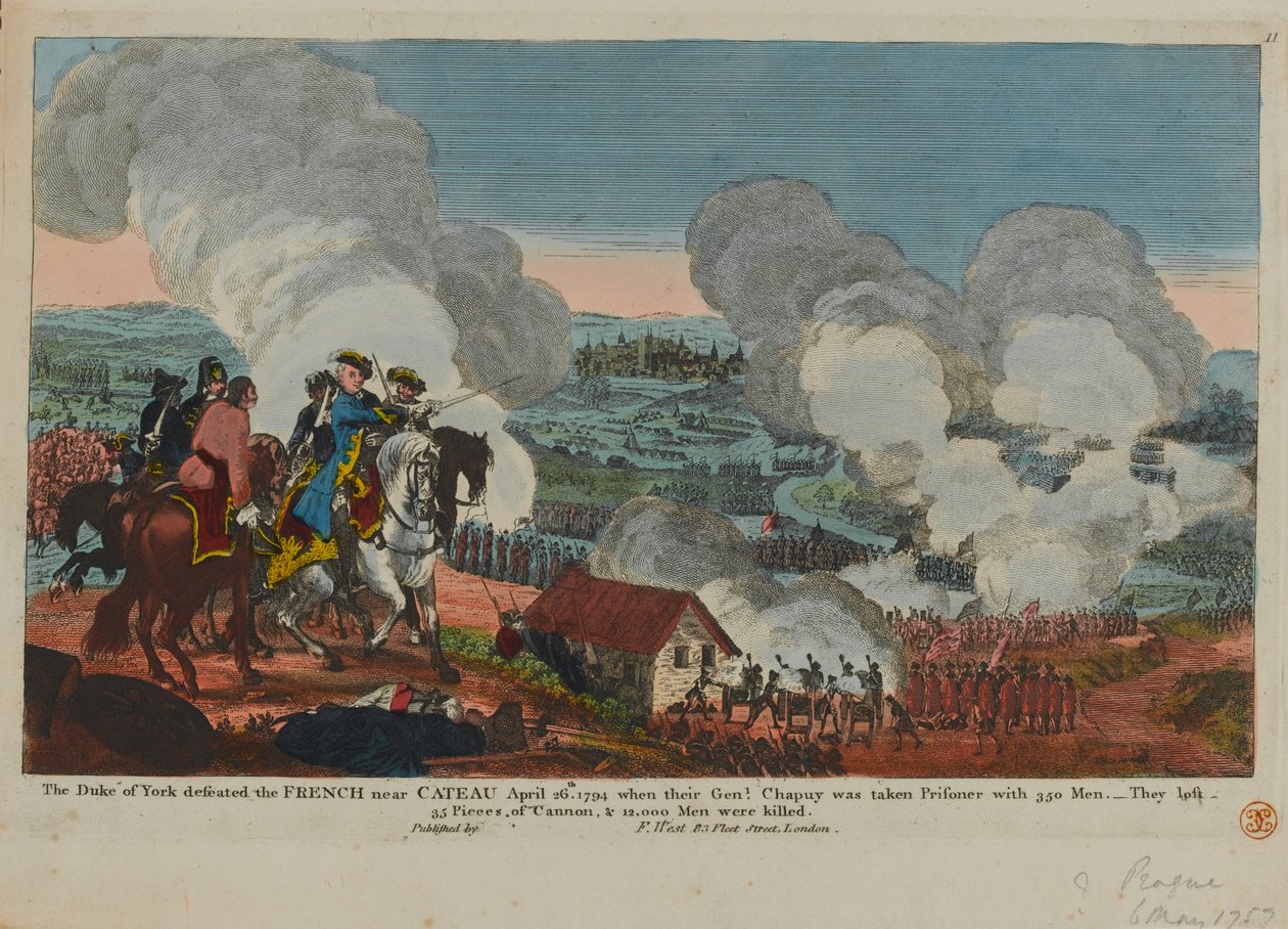 Yorkin herttua (1763-1827) voitti ranskalaiset lähellä Cateaua 26. huhtikuuta 1794 F. Westin julkaisemasta Seitsemän vuoden sodan kohtauksista, 1834 tekijältä English School
